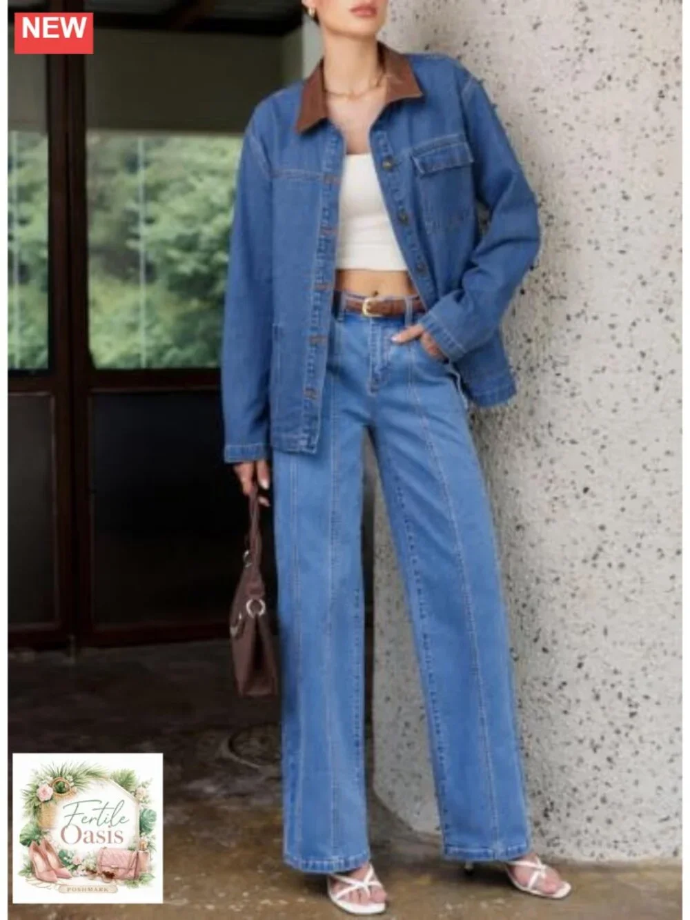 Loose Cotton Blend Denim Jacket with Leather Collar, Button Down Long Sleeve